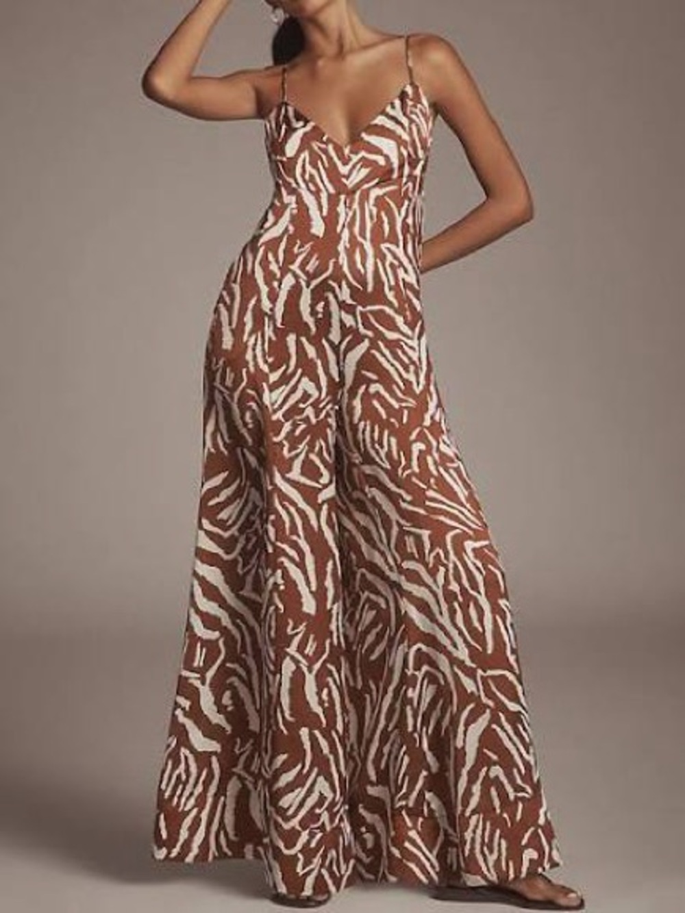 bishop + young Brown and Cream Printed Spaghetti-Strap Maxi Jumpsuit-NWT-Small